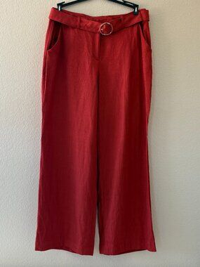 Express Editor Wide Leg Pants Womens 12R Red Linen Blend High Rise Belted Flowy